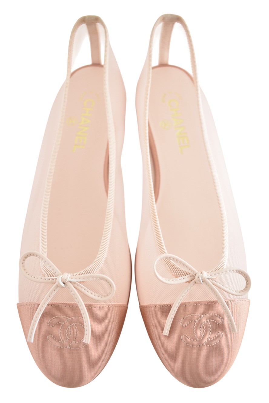 Chanel 26P Pink Mesh Grosgrain CC Logo Cap Toe Bow Tie Ballet Ballerina Flat 42